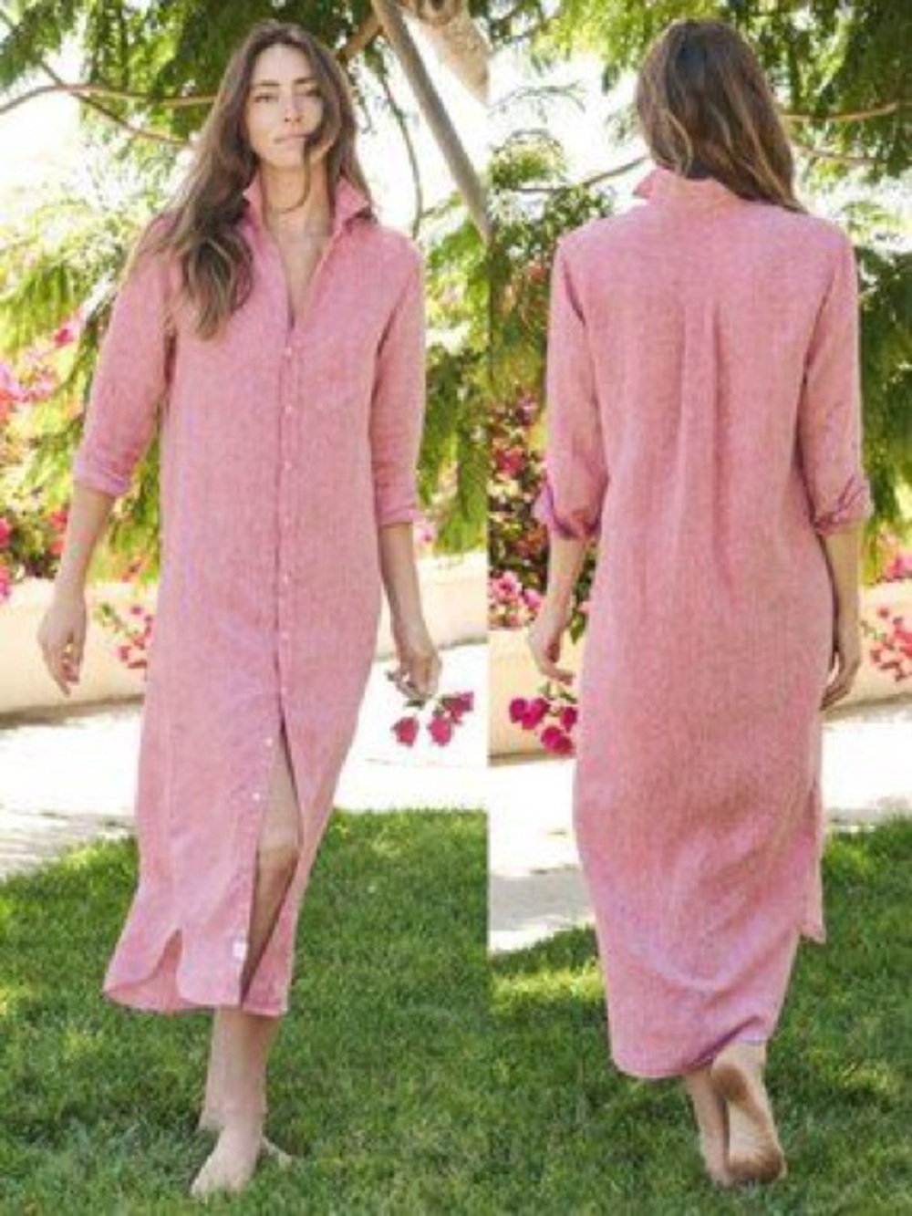 $348 Frank Eileen Rory Maxi Dress  Red Linen Button Front Long Sleeve Lagenlook